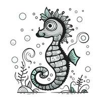 Seahorse. Hand drawn vector illustration. Coloring page.