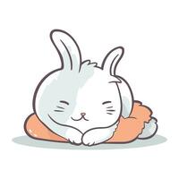 Cute white rabbit sleeping on the floor. Vector cartoon illustration.