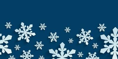 Seamless horizontal pattern with paper cut snowflakes. Christmas design 3D illustration on blue colored background for presentation, banner, cover, web, flyer, card, sale, poster and social media. vector