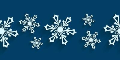 sin costura horizontal modelo con papel cortar copos de nieve. Navidad diseño 3d ilustración en azul de colores antecedentes para presentación, bandera, cubrir, web, volantes, tarjeta, venta, póster y social medios de comunicación. vector