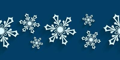 Seamless horizontal pattern with paper cut snowflakes. Christmas design 3D illustration on blue colored background for presentation, banner, cover, web, flyer, card, sale, poster and social media. vector