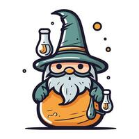 Cartoon funny wizard with magic potion. Vector illustration. Witchcraft concept.