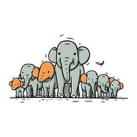 Family of elephants with their baby. Vector illustration in doodle style.