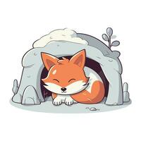 Cute fox in a cave. Vector illustration isolated on white background.