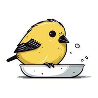 Cute little yellow chick sitting in a bowl. Vector illustration.