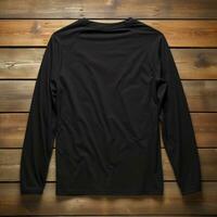 A view from back Luxurious plain black oversize t-shirt mockup with a hanger hanging on a wooden background, AI Generative photo