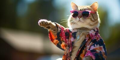 a cool cat dancing wearing colorful clothes and sunglasses, AI Generative photo