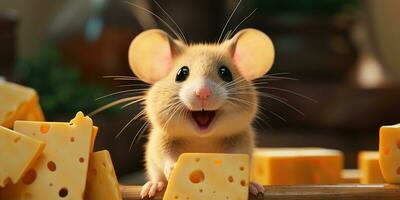 Cute mouse standing by eating delicious cheese AI Generative photo