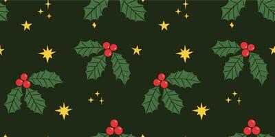 Seamless pattern with Christmas cherries and stars. Vector illustration doodles.