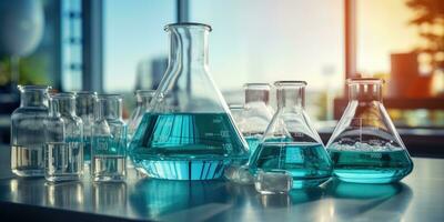 Medical lab banner with transparent glass flask and glassware, AI Generative photo