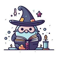 Cute wizard reading a book. Vector illustration in cartoon style.