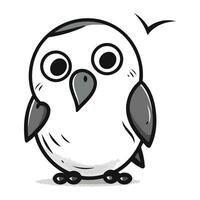 Cute cartoon bird isolated on white background. Vector illustration in black and white colors.