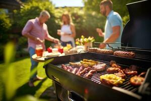 A group of people together at a bbq. Family and friends having a picnic barbeque grill in the garden. having fun eating and enjoying time. sunny day in the summer. blur background. AI generated photo