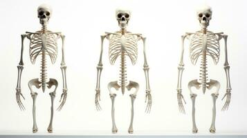 Tres humano esqueletos en un blanco antecedentes. humano anatomía y estructura de el humano cuerpo. para médico folletos, artículos, libros y otro científico ai generado foto