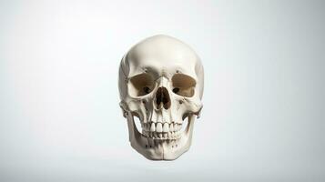 Human skull on white background front view. Head bones and skeleton. Human anatomy and structure of human head. For medical and scientific educational books, articles, magazines, AI generated photo