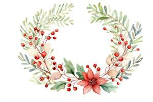 Cute watercolor Christmas wreath from green twigs, mistletoe branches and flowers isolated on white background. Decoration for Christmas and New Year. Illustration for greeting cards AI generated photo