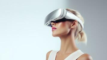 Caucasian blonde woman in virtual reality glasses on white background. Copy space. Banner template of person in white VR goggles. Concept of entertainment, technology, game, AI generated photo