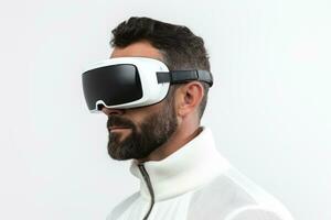 Caucasian brunette man with beard in virtual reality glasses on white background. Banner template of man in VR goggles. Concept of technology, game, entertainment, AI generated photo