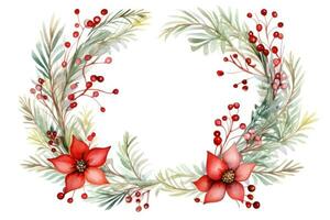 Cute watercolor Christmas wreath from green twigs, mistletoe branches and flowers isolated on white background. Decoration for Christmas and New Year. Illustration for greeting cards AI generated photo