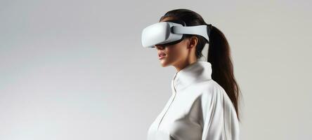 Caucasian brunette woman in virtual reality glasses on white background. Copy space. Banner template of person in white VR goggles. Concept of technology, game, entertainment, AI generated photo