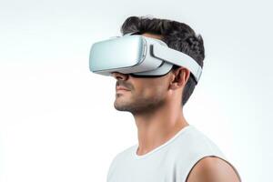 Caucasian brunette man in virtual reality glasses on white background. Copy space. Banner template of man in VR goggles. Concept of technology, game, entertainment, AI generated photo