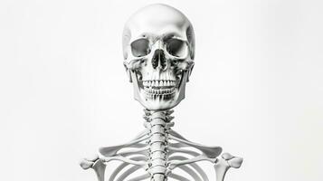 Human skull on a white background front view. Head bones and skeleton. Human anatomy and structure of the human head. For medical and scientific educational books, articles, magazines, AI generated photo