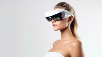 Caucasian blonde woman in virtual reality glasses on a white background. Copy space. Banner template of person in white VR goggles. Concept of entertainment, technology, game, AI generated photo