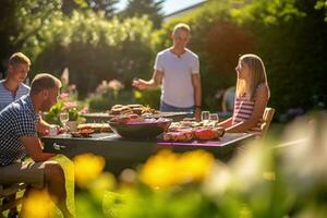 A group of people together at bbq. Family and friends having picnic barbeque grill in garden. having fun eating and enjoying time in sunny day. blur background. Family and friendship AI generated photo