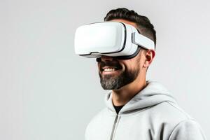 Caucasian brunette man with beard in virtual reality glasses on white background. Copy space. Banner template of man in VR goggles. Concept of technology, game, entertainment, AI generated photo