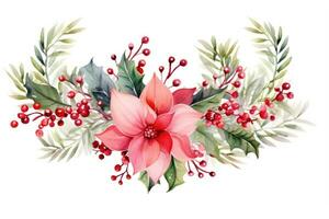 linda acuarela Navidad guirnalda desde verde leña menuda, muérdago ramas y flores aislado en blanco antecedentes. decoración para Navidad y nuevo año. ilustración para saludo tarjeta y ai generado foto