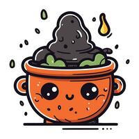 Cute kawaii pot with water drops. Vector illustration.