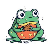 Cute cartoon frog with a piece of bread. Vector illustration.