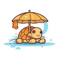 Cute little turtle sitting under umbrella. Vector illustration in cartoon style.