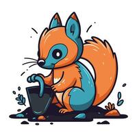 Squirrel with a bucket of water. Vector illustration in cartoon style.