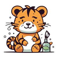 Cute cartoon tiger with bottle of water and brush. Vector illustration.