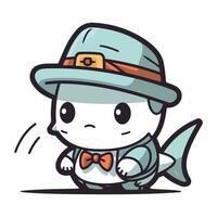 Cute little shark in a hat and bow tie. Vector illustration.