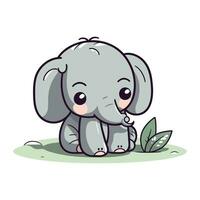 Cute little elephant sitting on the ground. Cartoon vector illustration.