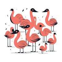 Flamingo family. Hand drawn vector illustration in cartoon style.