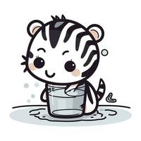 Cute baby tiger drinking milk from a glass. Vector illustration.