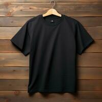 plain black t-shirt mockup with a hanger hanging on a wooden background, AI Generative photo