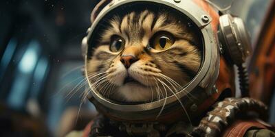 un linda gato en un astronauta traje es volador en el luna, ai generativo foto