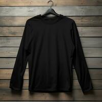 plain black t-shirt mockup with a hanger hanging on a wooden background, AI Generative photo