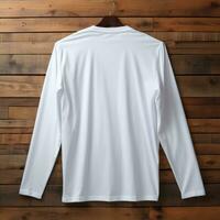 A view from back Luxurious plain white oversize t-shirt mockup with a hanger hanging on a wooden background, AI Generative photo