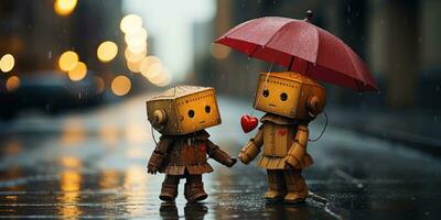 Robots in love in cyberspace city in a rain Generative AI photo