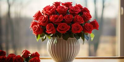 A portrait of a big arrangement of red roses in a vase, AI Generative photo