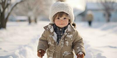 un linda bebé chico caminando en el nieve, ai generativo foto