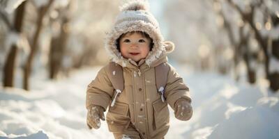 A chubby baby girl walking in the snow, AI Generative photo