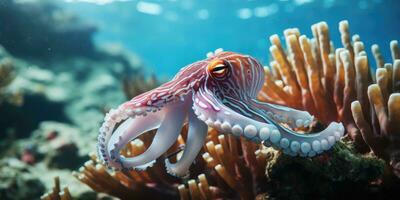 a beautiful giant squid around very beautiful coral reef AI Generative photo