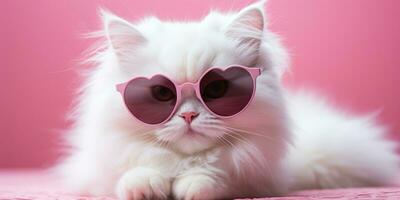 White cute cat wearing glasses pink on pink background AI Generative photo