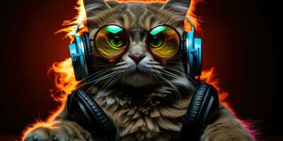 Cool cat in headphones and sunglasses, AI Generative photo